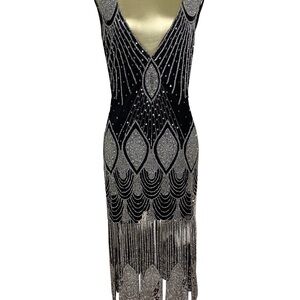 DECO HAUS 1920s FLAPPER CARWASH HEM BEADED DRESS STARLET ULTRA LOW BLACK SILVER